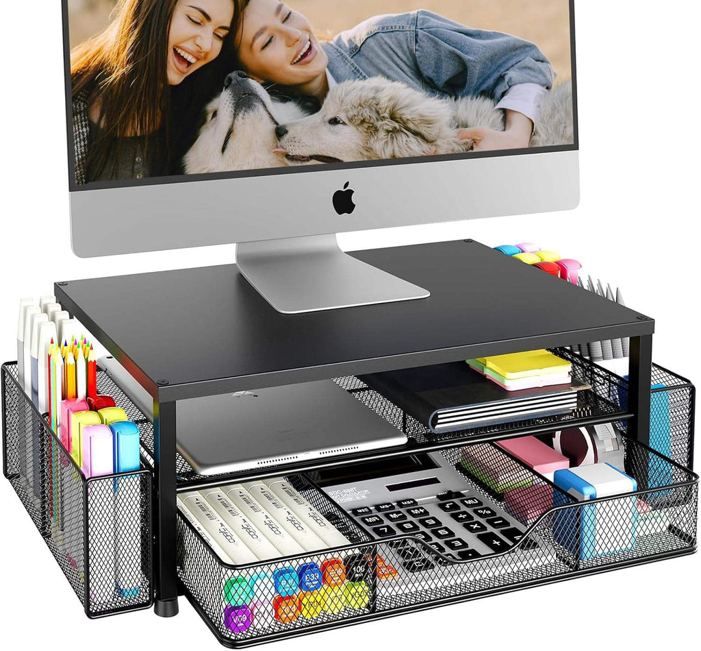 2-Tier Office Desk Organizer with Monitor Stand, Storage Drawer & Dual Pen Holders, Multifunction Desktop Riser for Computer, Laptop and Home Office