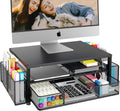 2-Tier Office Desk Organizer with Monitor Stand, Storage Drawer & Dual Pen Holders, Multifunction Desktop Riser for Computer, Laptop and Home Office