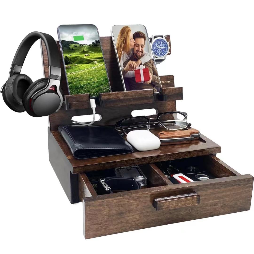 Bamboo Wooden Desktop Organizer Box, Multifunction Desk Storage Holder for Home, School & Office Supplies